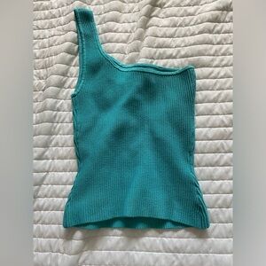 Babaton Turquoise Ribbed One-Shoulder Tank Top